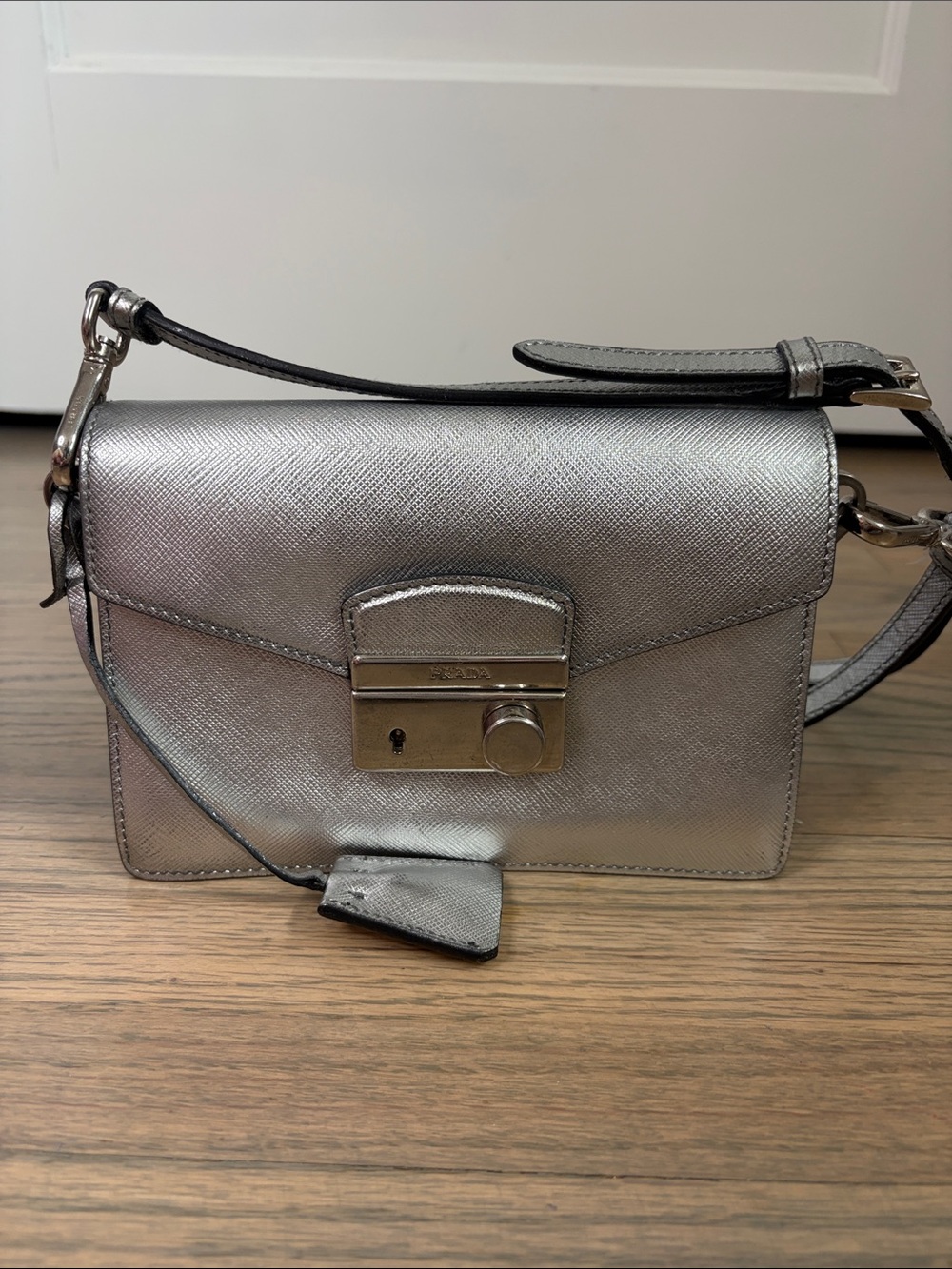 Prada Sound Silver Metallic Saffiano Crossbody Bag w/Removable Strap